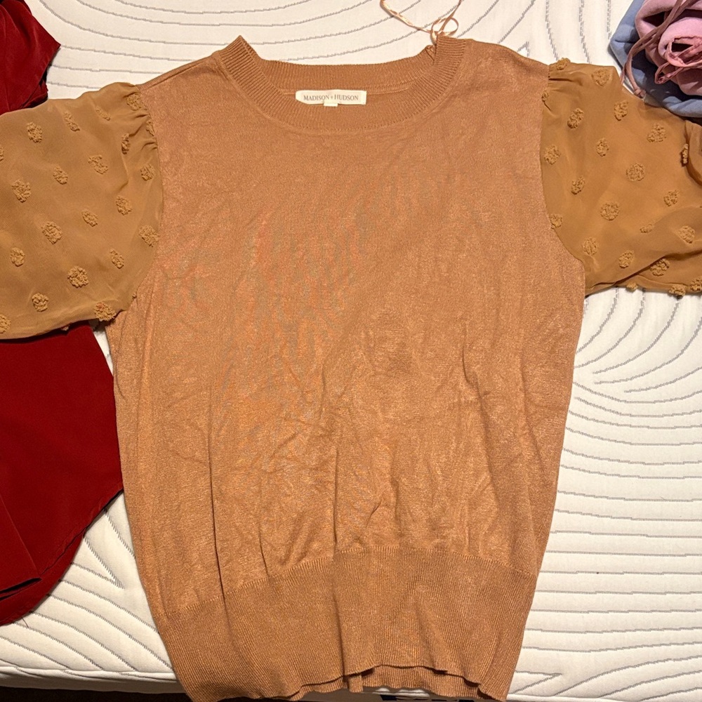Chic Tan Blouse with Sheer Sleeves